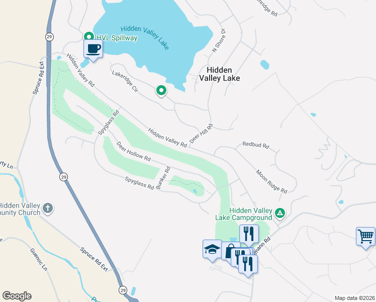 map of restaurants, bars, coffee shops, grocery stores, and more near 18796 Hidden Valley Road in Hidden Valley Lake