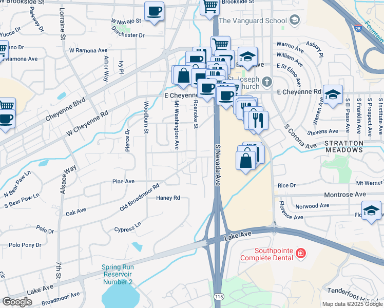 map of restaurants, bars, coffee shops, grocery stores, and more near 2036 Roanoke Street in Colorado Springs