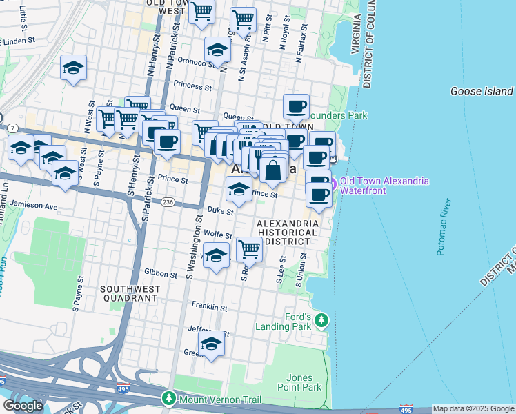 map of restaurants, bars, coffee shops, grocery stores, and more near 216 South Royal Street in Alexandria