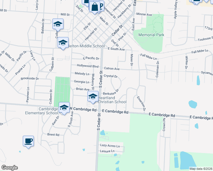 map of restaurants, bars, coffee shops, grocery stores, and more near 604 Pebble Street in Belton
