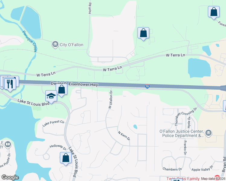 map of restaurants, bars, coffee shops, grocery stores, and more near 84 West Ofallon Drive in O'Fallon