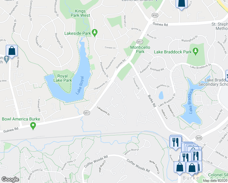 map of restaurants, bars, coffee shops, grocery stores, and more near 5470 Stavendish Street in Burke