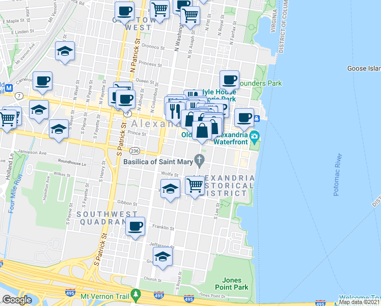 map of restaurants, bars, coffee shops, grocery stores, and more near 228 South Pitt Street in Alexandria
