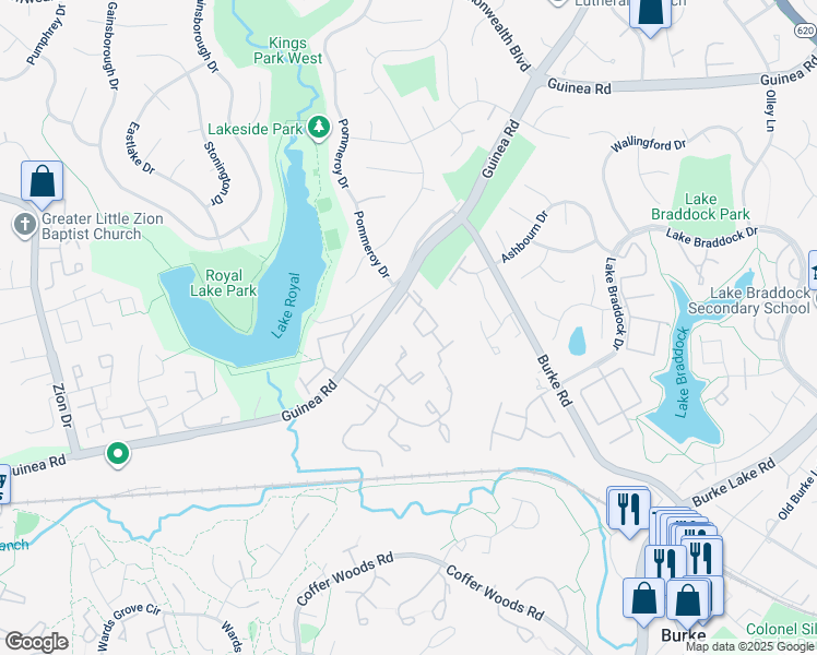map of restaurants, bars, coffee shops, grocery stores, and more near 5470 Stavendish Street in Burke