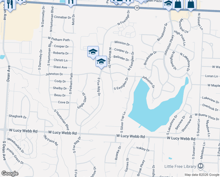 map of restaurants, bars, coffee shops, grocery stores, and more near 108 South Westglen Drive in Raymore