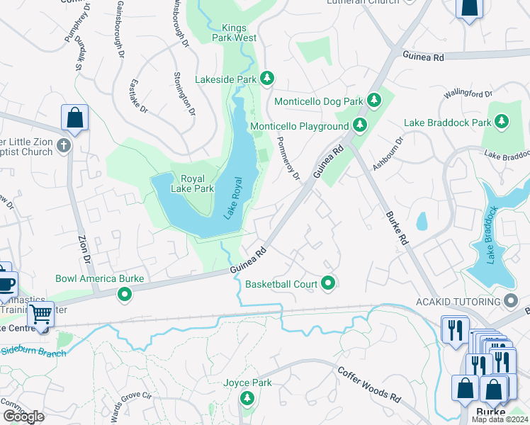 map of restaurants, bars, coffee shops, grocery stores, and more near 9814 Lakepointe Drive in Burke