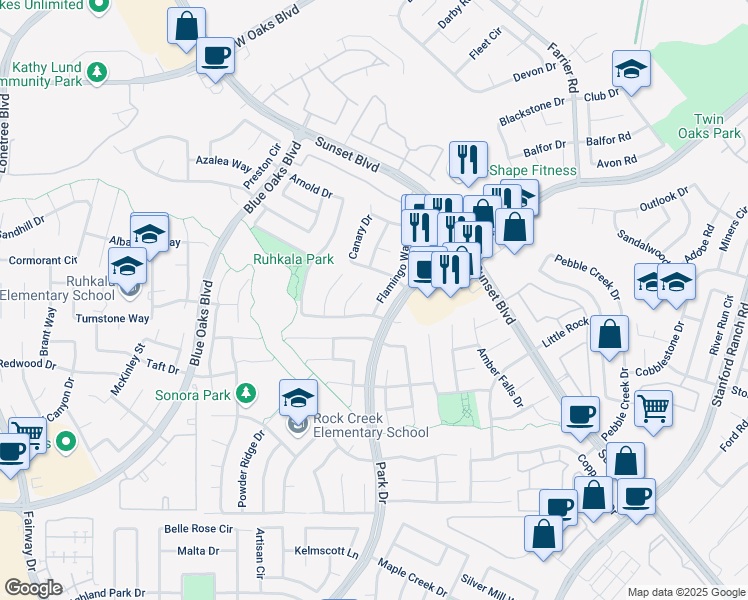 map of restaurants, bars, coffee shops, grocery stores, and more near 6205 Flamingo Way in Rocklin