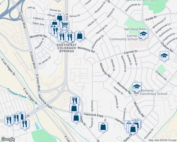 map of restaurants, bars, coffee shops, grocery stores, and more near 2705 Carmel Court in Colorado Springs