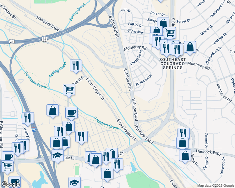 map of restaurants, bars, coffee shops, grocery stores, and more near 2142 Birmingham Loop in Colorado Springs