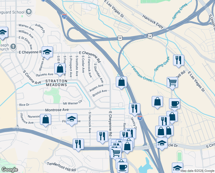 map of restaurants, bars, coffee shops, grocery stores, and more near 1616 East Cheyenne Road in Colorado Springs