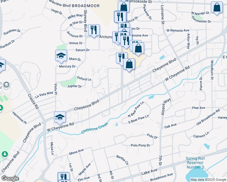 map of restaurants, bars, coffee shops, grocery stores, and more near 115 Wolfe Avenue in Colorado Springs