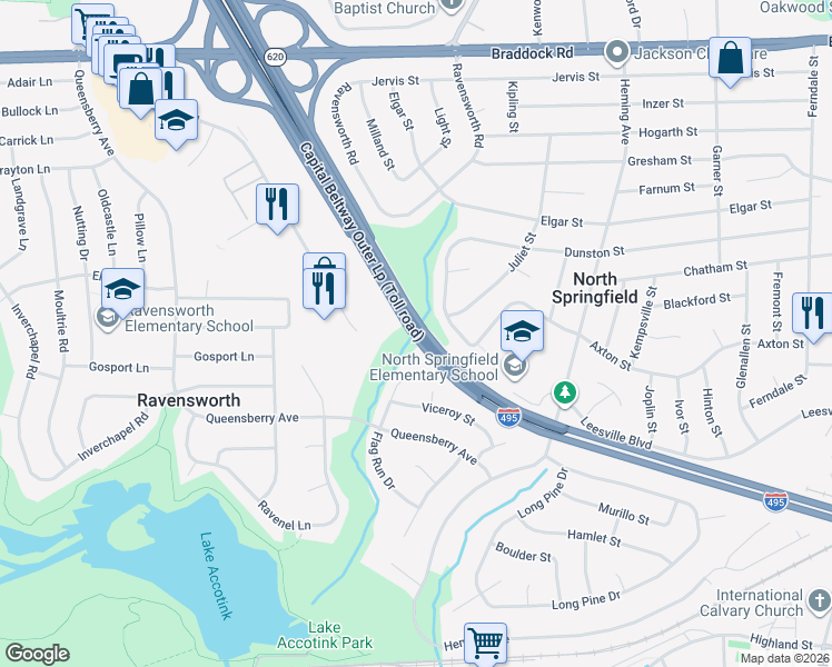 map of restaurants, bars, coffee shops, grocery stores, and more near in North Springfield