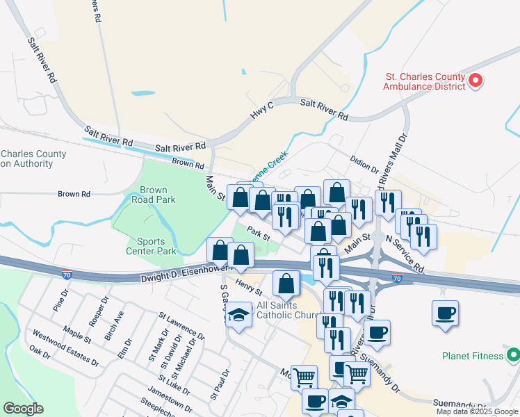 map of restaurants, bars, coffee shops, grocery stores, and more near 10 2nd Street in St. Peters