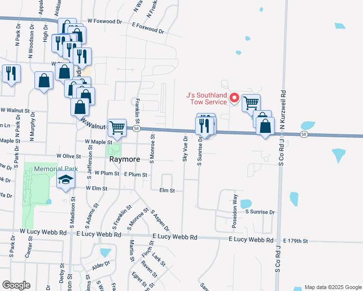 map of restaurants, bars, coffee shops, grocery stores, and more near 309 East Walnut Street in Raymore