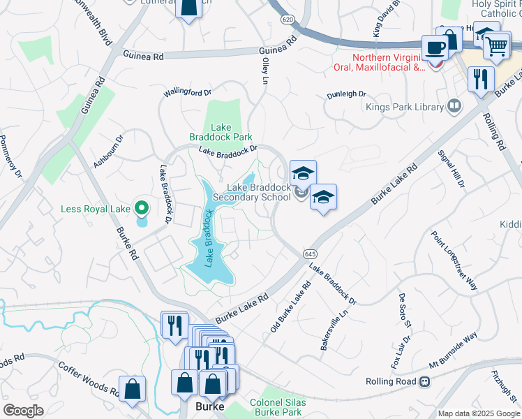 map of restaurants, bars, coffee shops, grocery stores, and more near 5432 Brixham Court in Burke