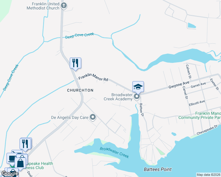 map of restaurants, bars, coffee shops, grocery stores, and more near 967 Franklin Manor Road in Deale
