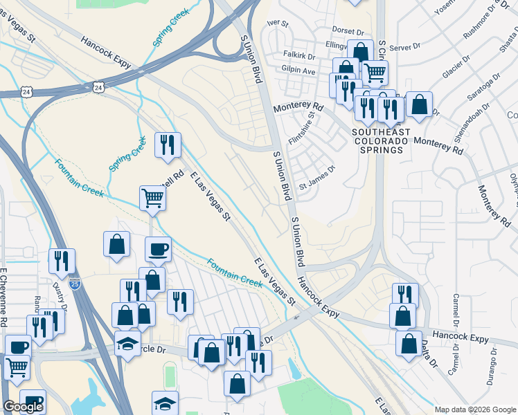 map of restaurants, bars, coffee shops, grocery stores, and more near 2142 Birmingham Loop in Colorado Springs