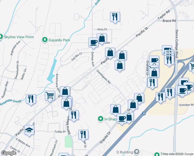 map of restaurants, bars, coffee shops, grocery stores, and more near Granite Drive in Rocklin