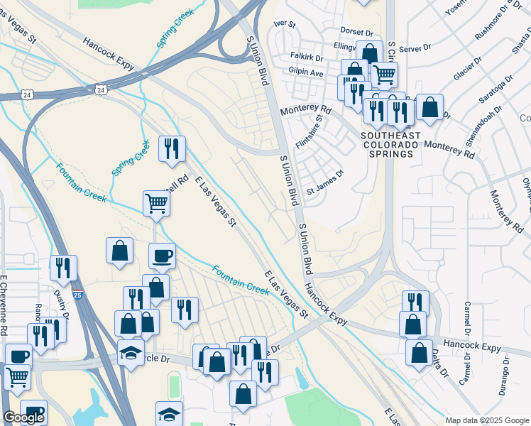 map of restaurants, bars, coffee shops, grocery stores, and more near 2142 Birmingham Loop in Colorado Springs