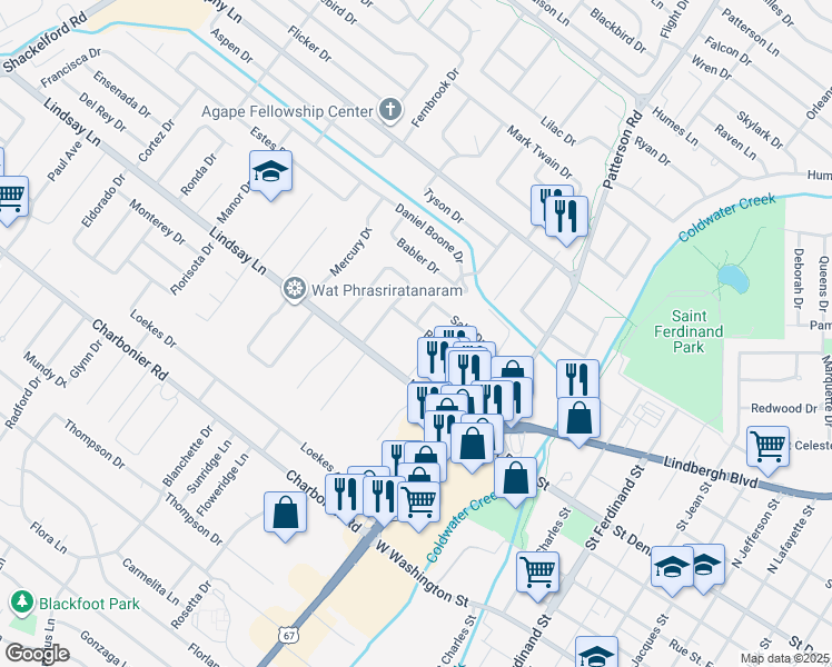 map of restaurants, bars, coffee shops, grocery stores, and more near 160 Ruth Drive in Florissant