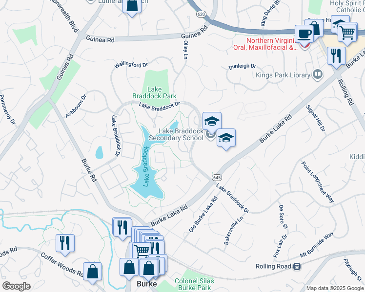 map of restaurants, bars, coffee shops, grocery stores, and more near 5432 Brixham Court in Burke