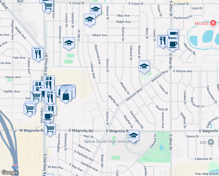 map of restaurants, bars, coffee shops, grocery stores, and more near 2101-2141 Kensington Road in Salina