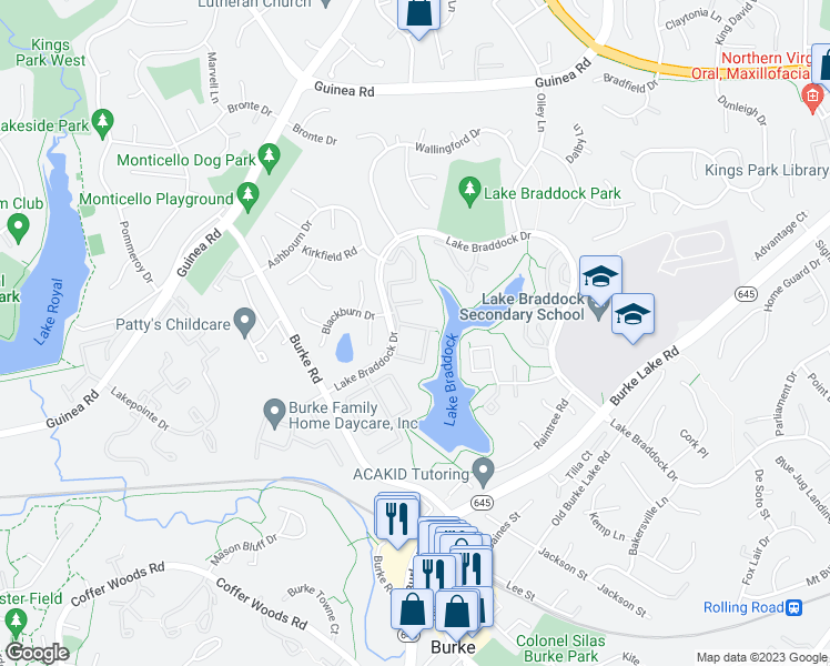 map of restaurants, bars, coffee shops, grocery stores, and more near 9409 Goshen Lane in Burke