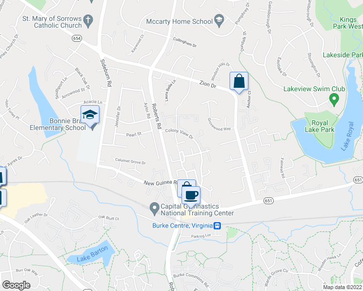 map of restaurants, bars, coffee shops, grocery stores, and more near 5455 New London Park Drive in Fairfax
