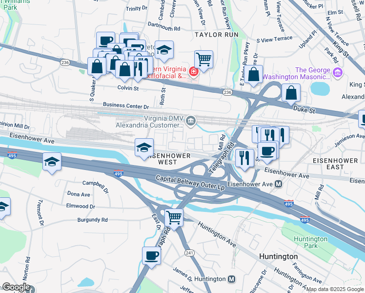map of restaurants, bars, coffee shops, grocery stores, and more near 2700 Williamsburg Street in Alexandria