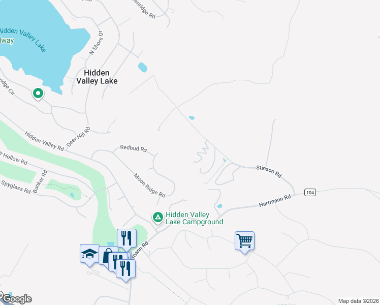 map of restaurants, bars, coffee shops, grocery stores, and more near 19425 Stinson Road in Hidden Valley Lake