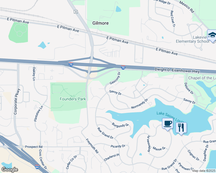 map of restaurants, bars, coffee shops, grocery stores, and more near 2205 Gascony Drive in Lake Saint Louis
