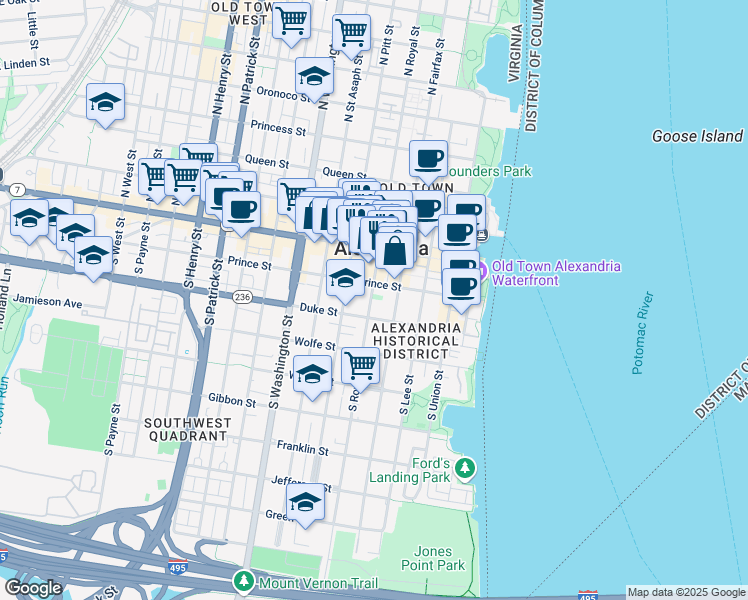 map of restaurants, bars, coffee shops, grocery stores, and more near 216 South Royal Street in Alexandria