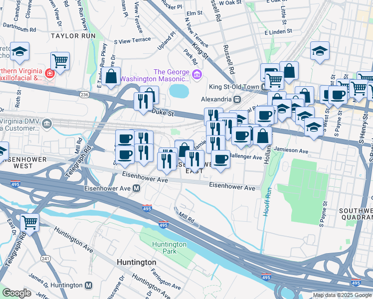 map of restaurants, bars, coffee shops, grocery stores, and more near 2181 Jamieson Avenue in Alexandria