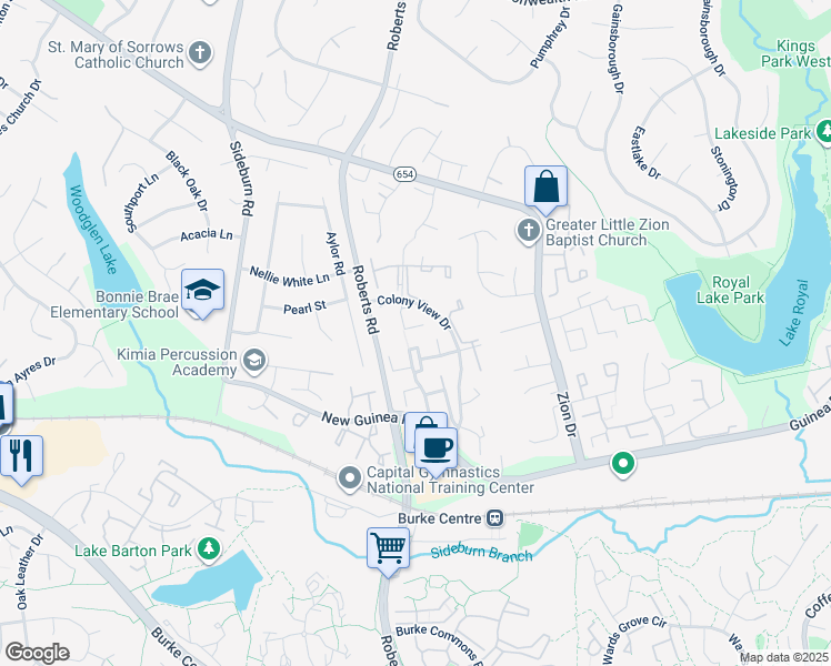 map of restaurants, bars, coffee shops, grocery stores, and more near 5455 New London Park Drive in Fairfax