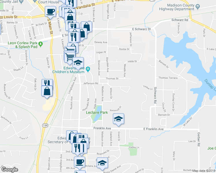 map of restaurants, bars, coffee shops, grocery stores, and more near 2 Washington Place in Edwardsville
