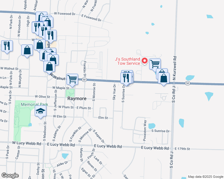 map of restaurants, bars, coffee shops, grocery stores, and more near 200 Sky Vue Drive in Raymore