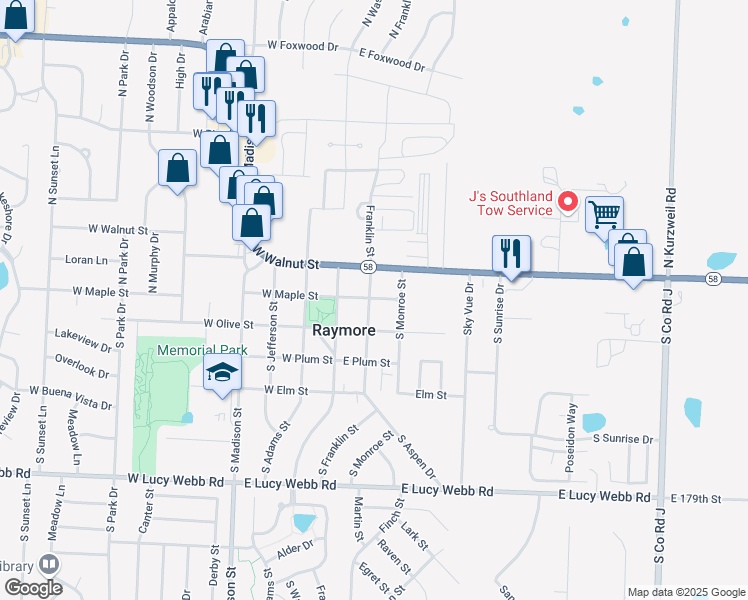 map of restaurants, bars, coffee shops, grocery stores, and more near 205 Franklin Street in Raymore