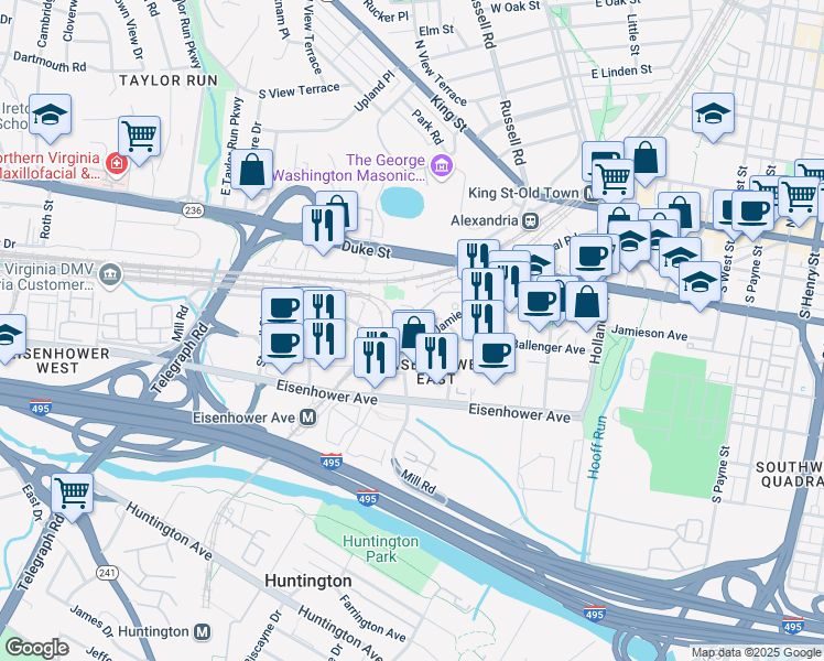 map of restaurants, bars, coffee shops, grocery stores, and more near 2181 Jamieson Avenue in Alexandria