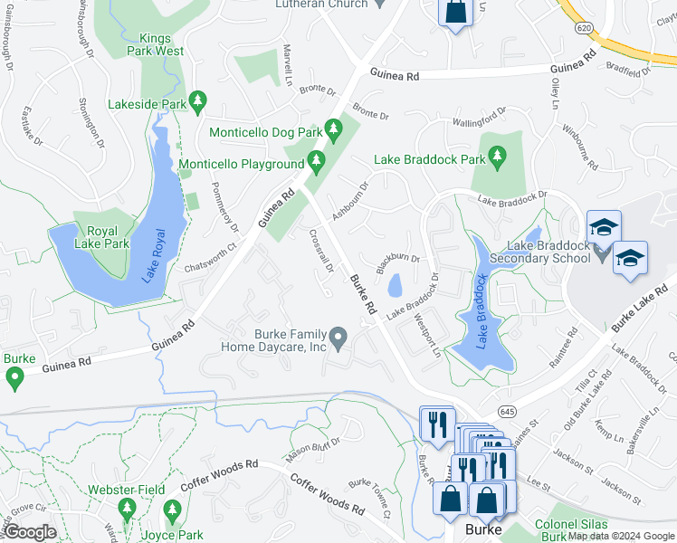 map of restaurants, bars, coffee shops, grocery stores, and more near 5504 Crossrail Court in Burke