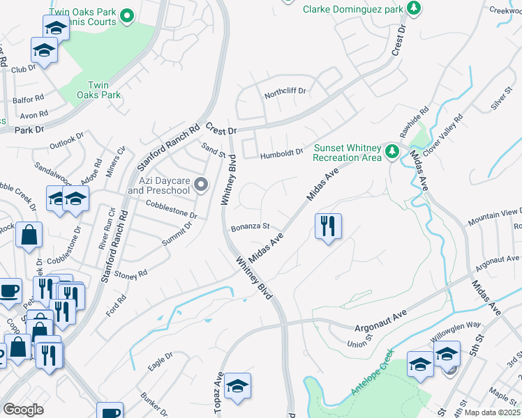 map of restaurants, bars, coffee shops, grocery stores, and more near Stardust Street & Cerro Circle in Rocklin