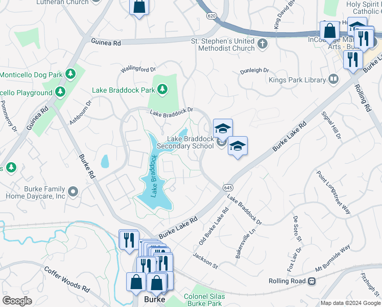 map of restaurants, bars, coffee shops, grocery stores, and more near 5428 Brixham Court in Burke