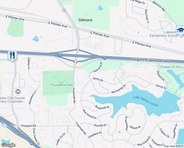 map of restaurants, bars, coffee shops, grocery stores, and more near 2205 Gascony Drive in Lake Saint Louis