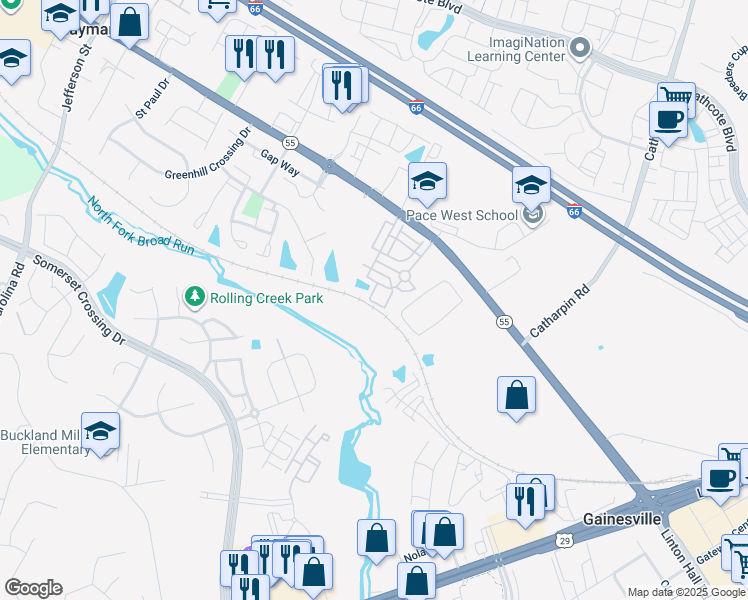 map of restaurants, bars, coffee shops, grocery stores, and more near 7170 Little Thames Drive in Gainesville