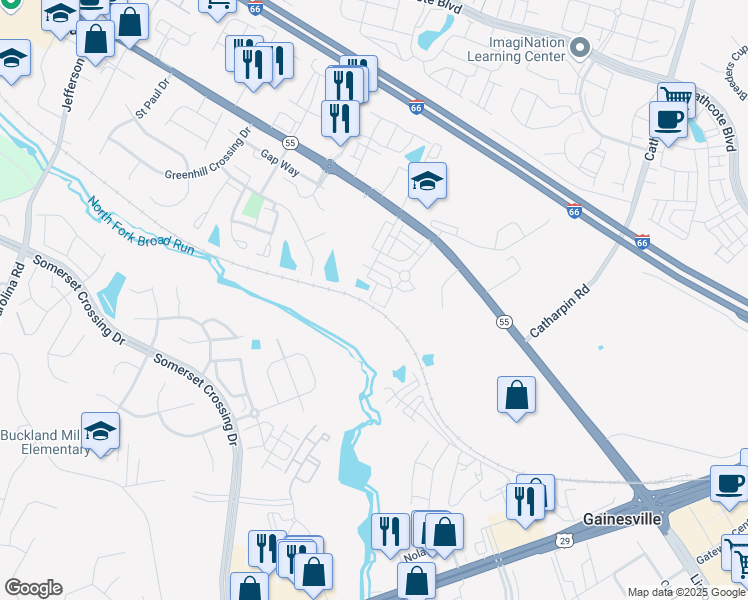 map of restaurants, bars, coffee shops, grocery stores, and more near 7170 Little Thames Drive in Gainesville