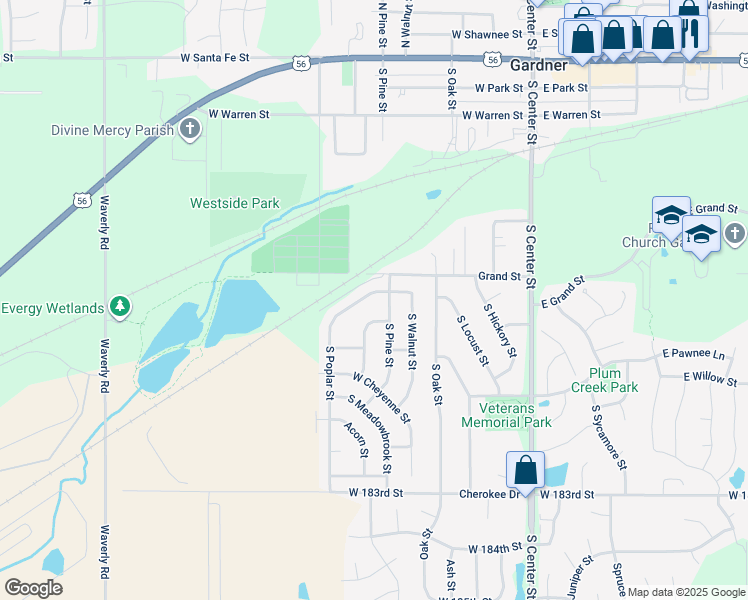 map of restaurants, bars, coffee shops, grocery stores, and more near 515 South Poplar Street in Gardner