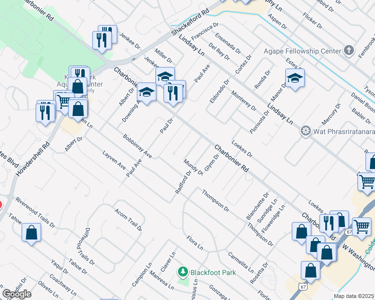 map of restaurants, bars, coffee shops, grocery stores, and more near 15 Linkous Drive in Florissant