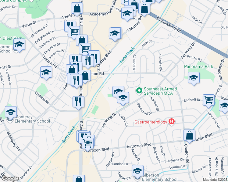 map of restaurants, bars, coffee shops, grocery stores, and more near 1960 Chelton Road in Colorado Springs
