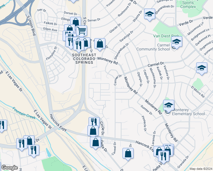 map of restaurants, bars, coffee shops, grocery stores, and more near 2705 Carmel Court in Colorado Springs