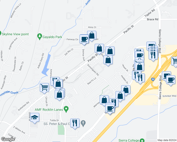 map of restaurants, bars, coffee shops, grocery stores, and more near Granite Drive in Rocklin