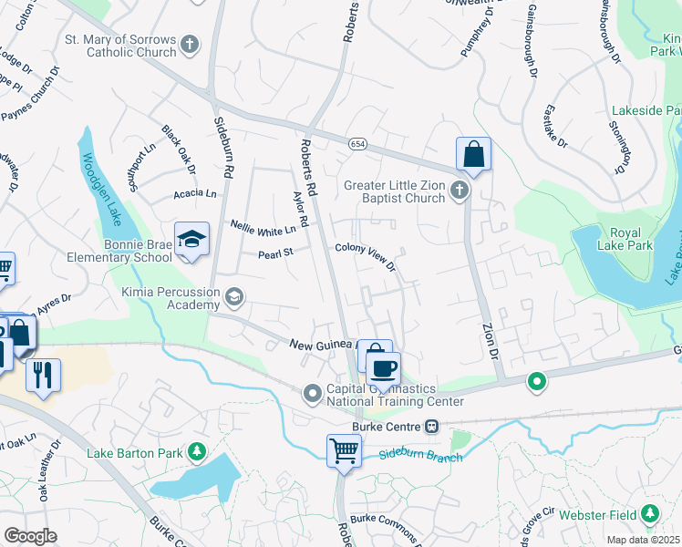 map of restaurants, bars, coffee shops, grocery stores, and more near 5440 New London Park Drive in Fairfax